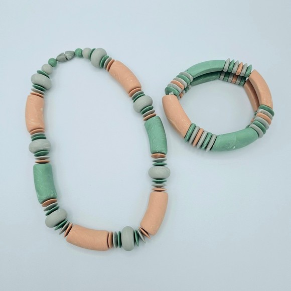 Avon Necklace Bracelet Vintage Marbled Peach Mint Geometric Chunky Beach - Picture 6 of 7